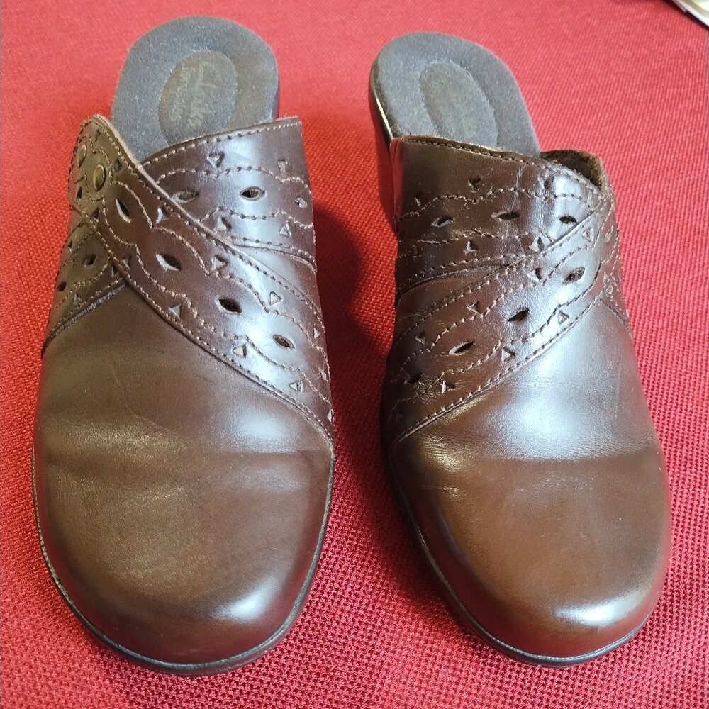 Clarks:  Brown Leather Mules